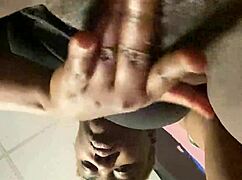 ebony street walker fingers her hairy wet pussy moaning in homemade bedroom solo