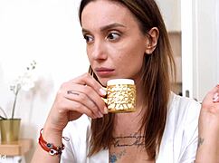 mary frost craves strap-on dp pounding from husband housemate wild kitchen romp