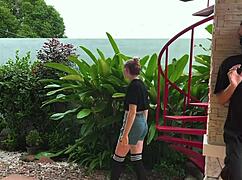 teasing her pretty feet with some playful punishment outdoors