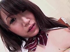 Busty Uniform Sweetie Fingers Pussy with Vibrator