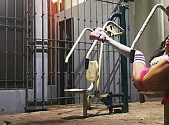 slim latina tranny flashes tiny thong under miniskirt outdoors