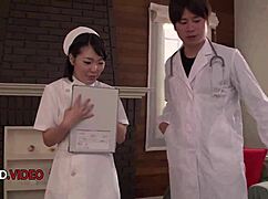 shaved asian nurse sucks patient then rides cock in stockings