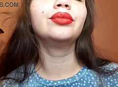 romanian curvy brunette smokes cig with big red lips pov