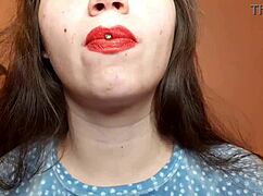 romanian curvy brunette smokes cig with big red lips pov