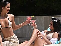 sunbathing babes carolina and lia suck pool guy's cock in steamy threesome!
