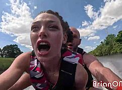 Petite babe shrooms q rides brian omally's cock on jetski under bridge