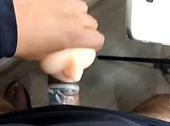 roommate's condom breaks during intense sex toy play and male cumshot explosion