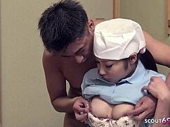 tiny japanese hotel girl with hairy pussy seduced for food fetish creampie fuck