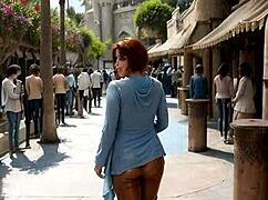 mature milf in leather corset teases big tits outdoors before public cumshot reality bang