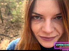 Amateur redhead milf wife drops to knees for deep forest blowjob on husband's cock outdoors