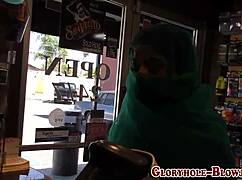 hey arab babe gagging on that massive black cock at gloryhole till facial cumshot