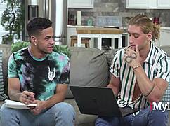 Hey, this milf's getting spitroasted by two studs for her beauty fix!