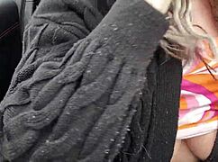 Wife blows dirty husband deep in the car outdoors.
