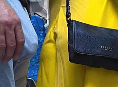 Stranger gropes blonde babe's wet pussy on bus till he cums from her strokes