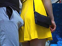 Stranger gropes blonde babe's wet pussy on bus till he cums from her strokes