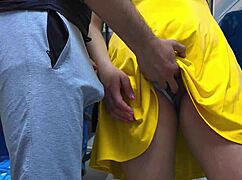 Stranger gropes blonde babe's wet pussy on bus till he cums from her strokes