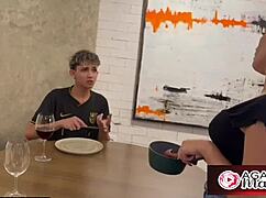 Agatha mom fucks horny stepmom so she won't tell dad about porn watching at dinner