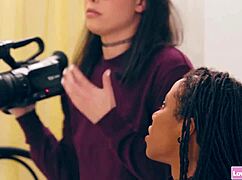 lesbian norwegian babe demonstrates pussy licking techniques to two ebony interracial teens