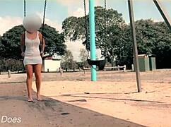 wife swings carefree on playground swing flashing shaved pussy no panties underneath