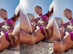 Sexy Latina College Coed Fingers Shaved Pussy on Spring Break Beach