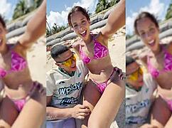 Sexy Latina College Coed Fingers Shaved Pussy on Spring Break Beach