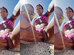Sexy Latina College Coed Fingers Shaved Pussy on Spring Break Beach