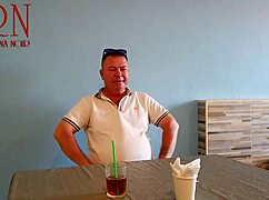 Naked waitress feeds restaurant guest from her navel