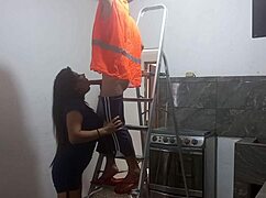 i spot the hot new muscular roofer, tease him hard then suck his dick before he fucks me standing deliciously