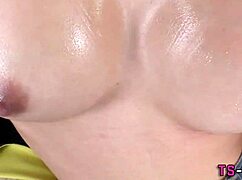 ladyboy strokes cock for hot handjob facial cumshot in lingerie hd