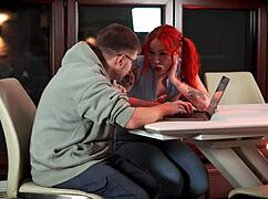 Pretty redhead teen skips class to deepthroat and stroke cock until massive facial cumshot