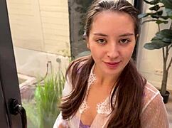 neighbor jerks watching stranger's blowjob handjob end in deep pussy creampie
