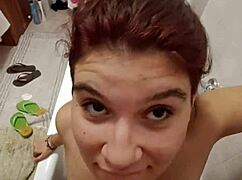 Italian slave chiara gets golden shower on her big tits in bathroom toilet 😈🚿💦