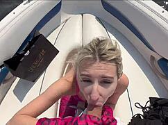 What if a hot blonde in lingerie fucked the boat captain outside?
