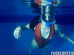 Skinny masked latina helen star teases tits underwater in pool