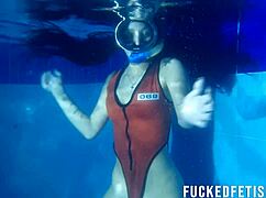 Skinny masked latina helen star teases tits underwater in pool