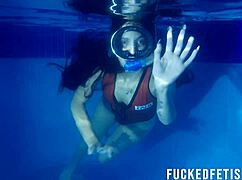 Skinny masked latina helen star teases tits underwater in pool