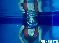 Skinny masked latina helen star teases tits underwater in pool