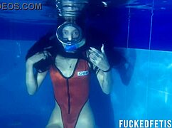 Skinny masked latina helen star teases tits underwater in pool