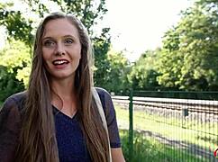 Natural hairy pussy girl from Germany orgasms hard in pickup casting