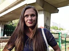 Natural hairy pussy girl from Germany orgasms hard in pickup casting