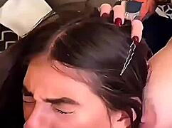 Watch busty blonde milf and teen brunette compete in sloppy deepthroat challenge