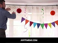 Hey stepdad joins hot 18+ step sisters for birthday threesome fun! 🎂🔥