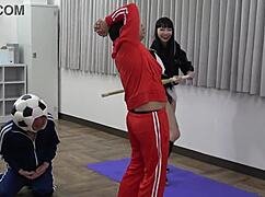 Japanese mistress mero drips milk in food fetish play before bamboo sword whipping group