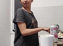 muscular latina milf bent over kitchen counter for interracial creampie quickie