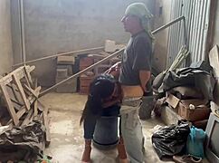 The bricklayer pounds the horny slippery whore's wet pussy hard as punishment
