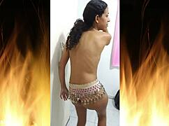 pretty curly latina housewife flashes juicy ass in fishnets up close