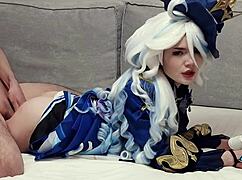 Kinky Furina Genshin Cosplay Begs Aether's Cum in Shaved Pussy Over Desserts