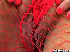 british milf sam rubs her clit hard with huge vibrator in fishnets