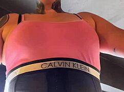 at the gym i almost got kicked out flashing my sweaty wet pussy in a tight top 💦😏
