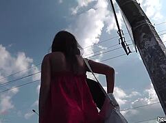 Bus stop cutie flashes skirt in sneaky upskirt tease